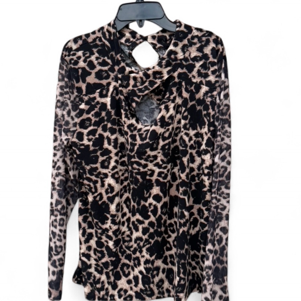 Leopard Print, NWT, Mesh Sleeves, Cutout Top, Keyhole, Twisted Neck, - Picture 2 of 10